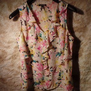 White/turquoise/pink front ruffle semi-sheer sleeveless top